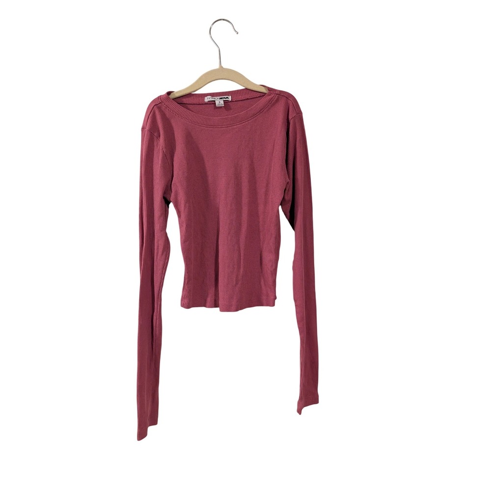 Fashion Nova Ribbed Long Sleeve Top Womens Small Mauve Pink Crew Neck